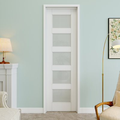 24" x 80" 5-Lite Frosted Glass Interior Prehung Door with Silver Hinges, Privacy Glass Door Slab, Paintable & Waterproof, Suit for Laundry, Closet Doors, Room Doors, Left Hand