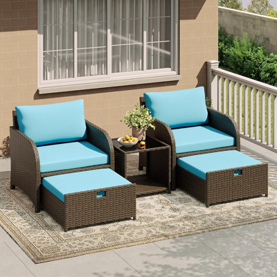Ensemble de conversation de patio 5 pièces pour l'extérieur, siège en rotin de rotin en osier avec repose-pieds et table en verre trempé, mobilier toutes saisons pour jardin, balcon