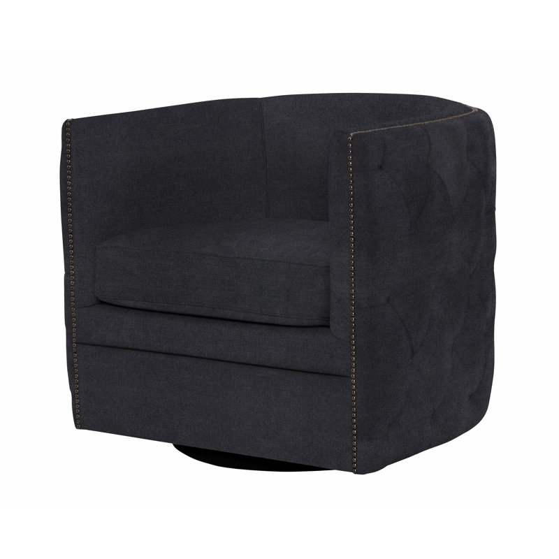 Palazzo 31.5'' Wide Tufted Swivel Barrel Chair, Akiko Graphite Performance 5534-011, Antique Nickel