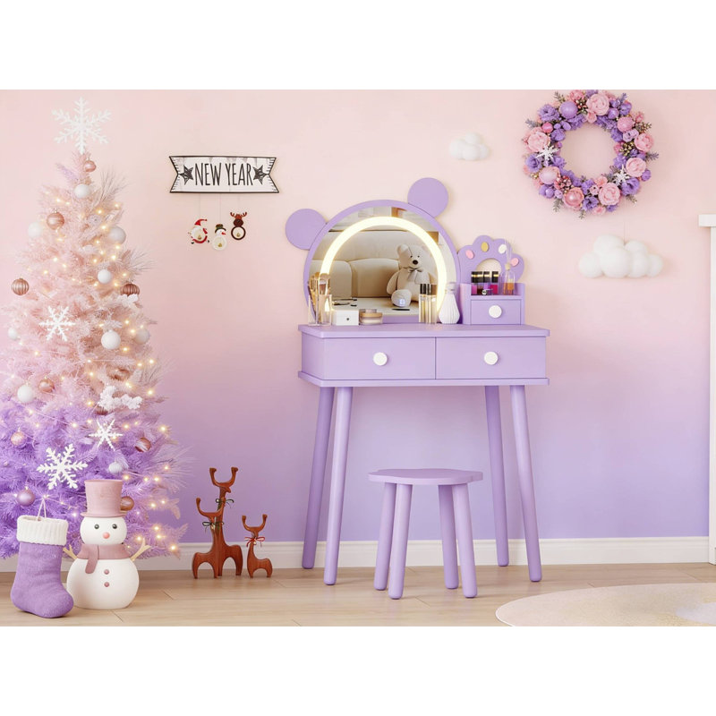 Ensemble de coiffeuse pour enfants avec lumières et miroir, ensemble de maquillage princesse en forme d'ours avec tiroirs de rangement