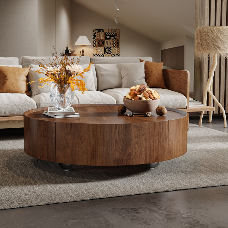 Table basse ronde en noyer avec tiroirs de rangement,  H 12,6 po x L 35,3 po x l 35,3 po