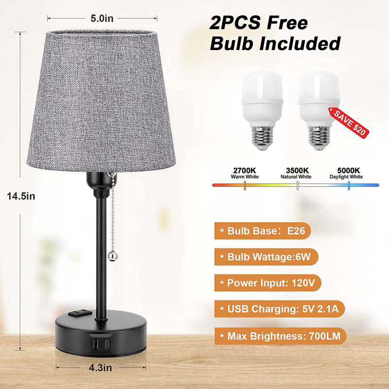 Metal USB Table Lamp, Grey