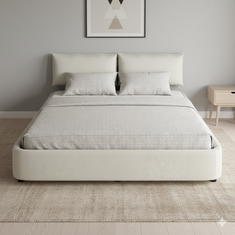 Très grande base de lit de style très grand avec une tête de lit réglable généreusement rembourrée. Comprend un revêtement en chenille et des coins arrondis, soutenu par un système double de lattes en métal et en bois massif. Un sommier n'est pas requis. Couleur: beige / blanc.