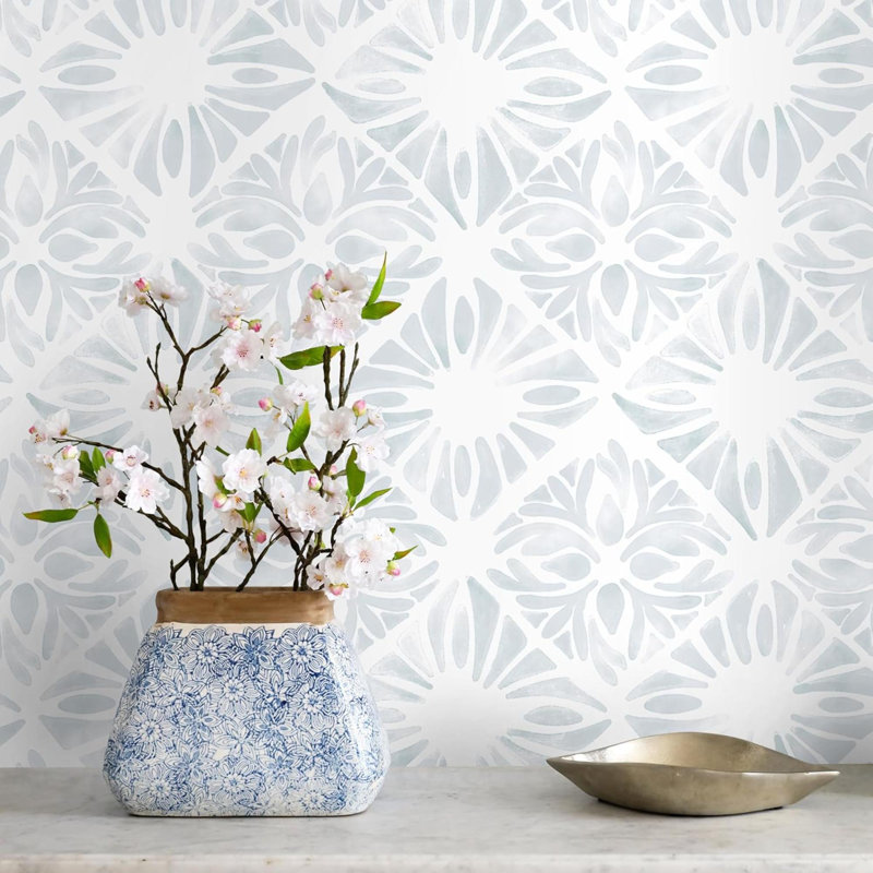 Papier peint adhésif géométrique à motif géométrique Boho, Blanc / Bleu