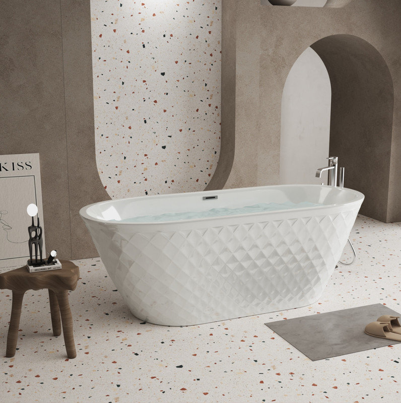 59" acrylic freestanding bathtub with unique diamond pattern design: spacious oval shape, Gloss white finish, Chrome overflow and pop-up drain CUPC Certificate