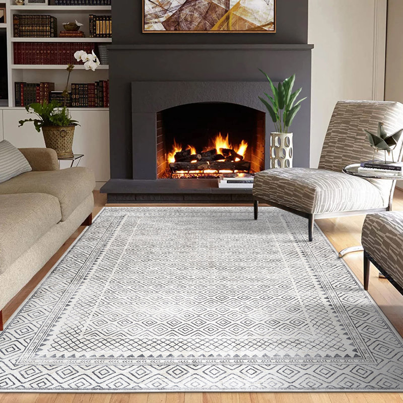 Aria Geometric Neutral Ivory Machine Washable Area Rug, Rectangle 4'10" x 7'