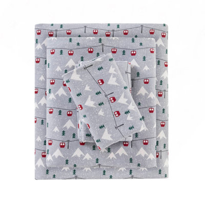 Soft 100% Cotton Flannel Full Sheet Set With Deep Pockets And Velvet Feel, Grey Ski Jump Design