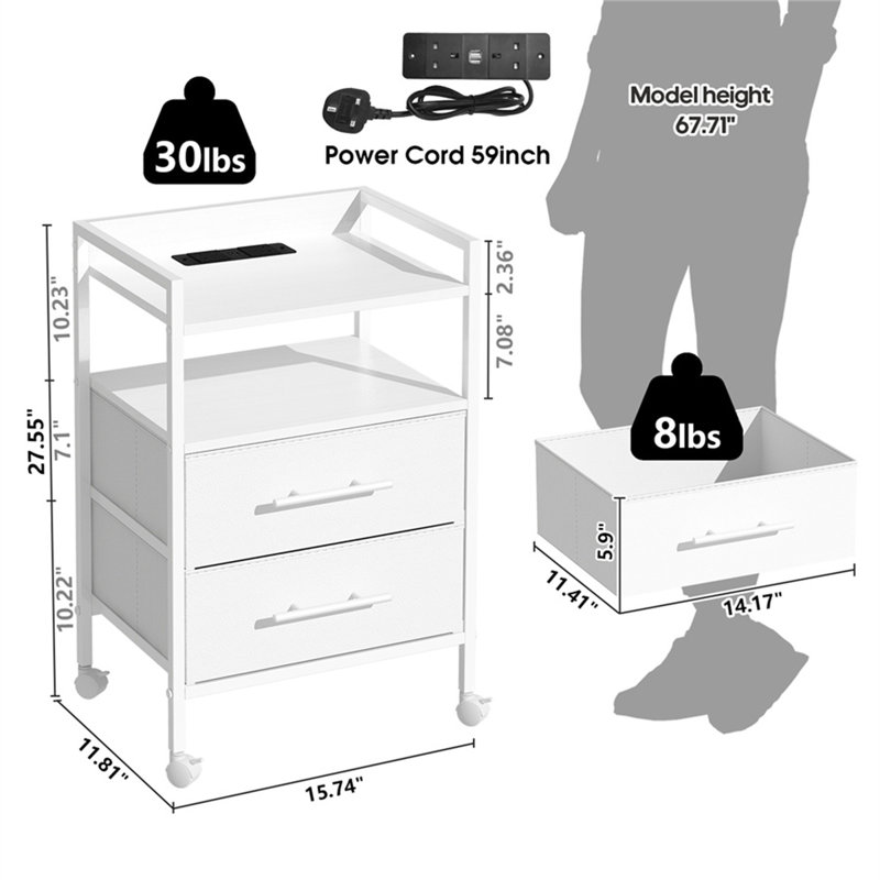 Solomone End Table with Built-In Outlets, White