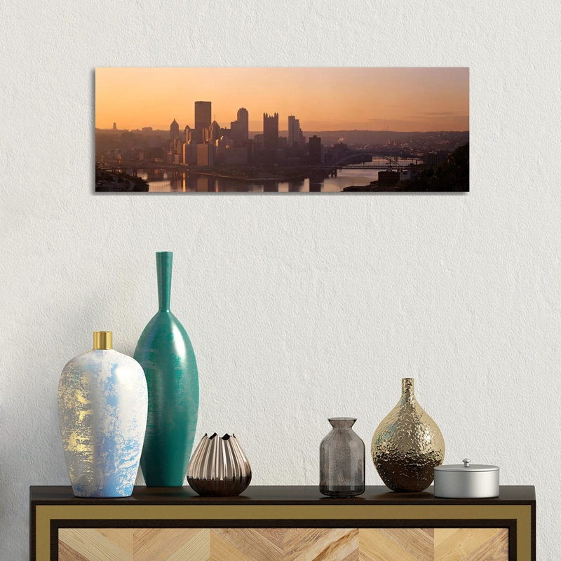 USA, Pennsylvania, Pittsburgh, Allegheny & Monongahela Rivers, View of the confluence of rivers at twilight 1 Piece Wrapped Canvas Panoramic Wall Art