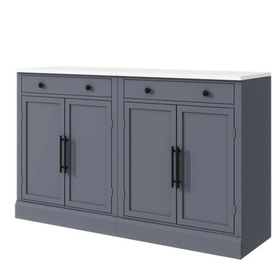 Garde-manger de hauteur moderne de 83,7 pouces, grand bahut autoportant avec plateau en faux marbre, armoire avec 5 tiroirs de rangement et tablette réglable, ensemble de 2, gris