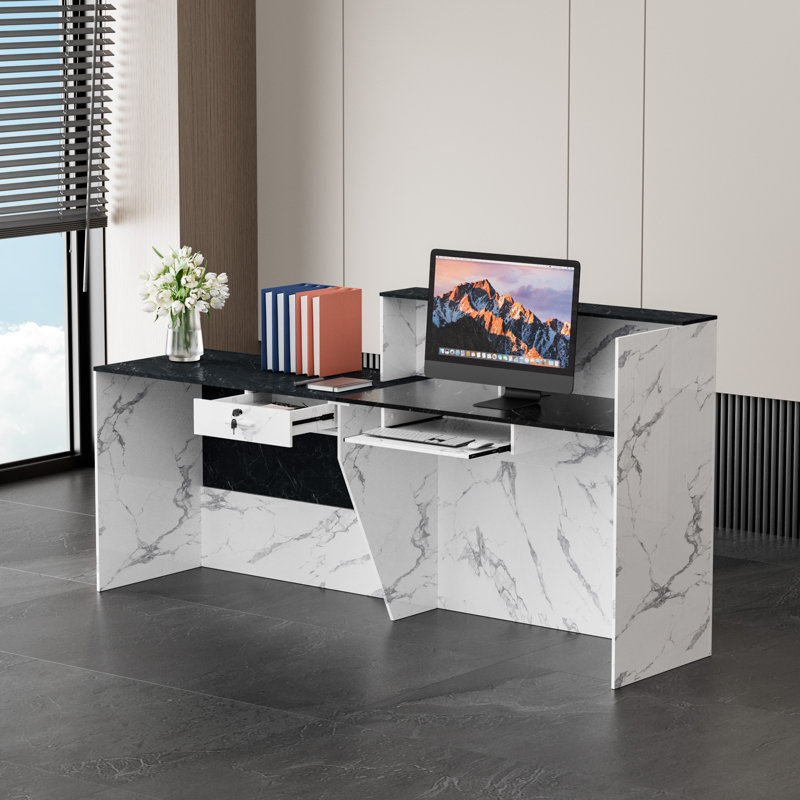 Bureau de réception en marbre avec plateau pour clavier d'ordinateur, tiroir verrouillable, trou de gestion des câbles et rangement pour bureau, restaurant, hôtel, commerce de détail.