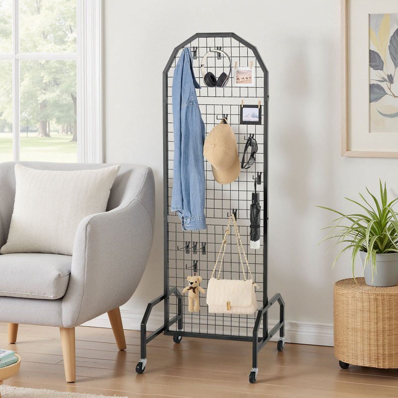 Grid Wall Panel Wire Display Rack with Wheels & Hooks