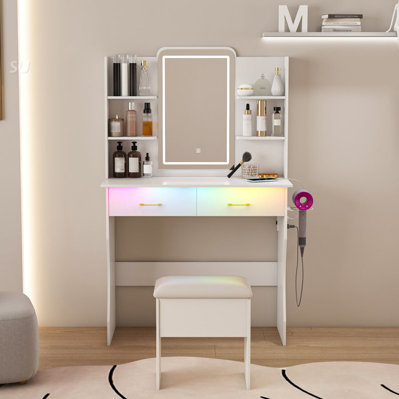 Bureau de coiffeuse avec lumières DEL, miroir, prises de courant et rangement, idéal pour le maquillage et l'organisation dans les chambres modernes