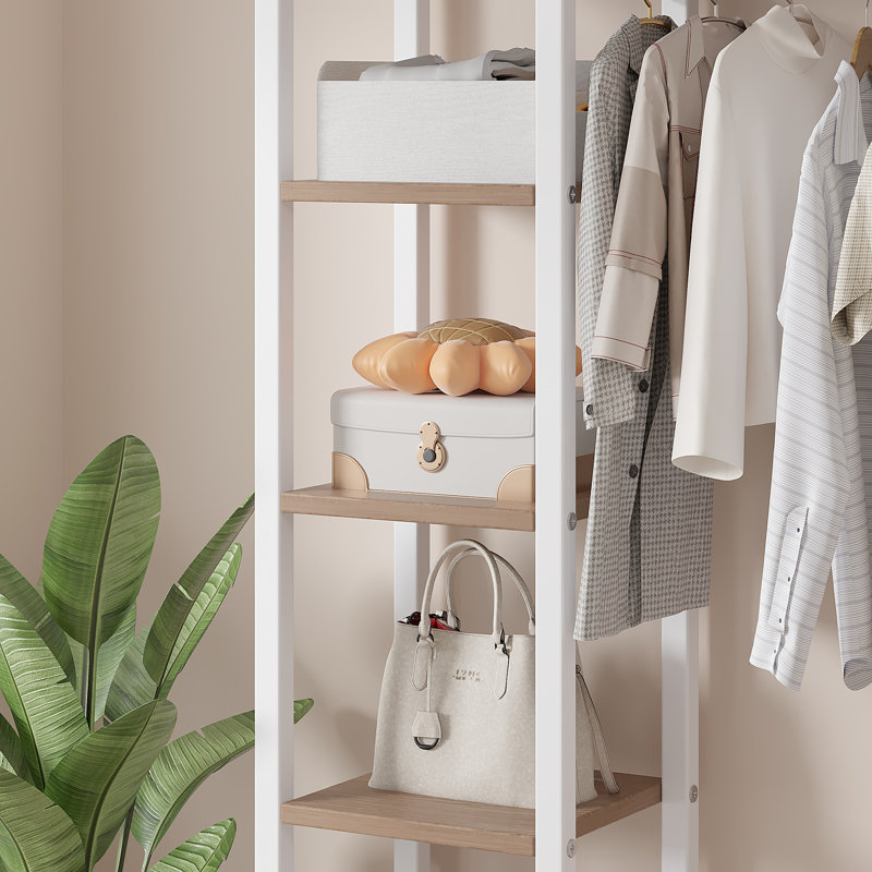 Karyen Open Garment Clothing Rack, Free-Standing Heavy Duty Storage Closet with 5 Shelves and Hanging Rod for Small Spaces