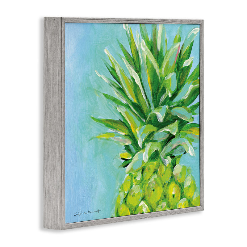 «Tropical Blue Pineapple Fruit» par Stephanie Workman Marrott - peinture à cadre flottant sur bois