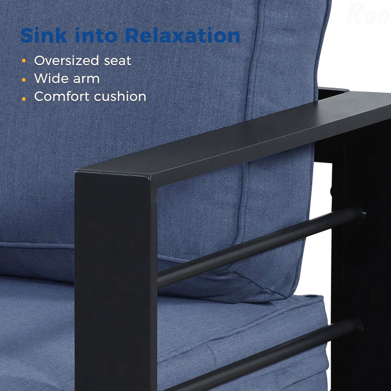 50" All-Weather Aluminum Patio Loveseat With Thick Blue Cushions & Black Frame, Blue, Black