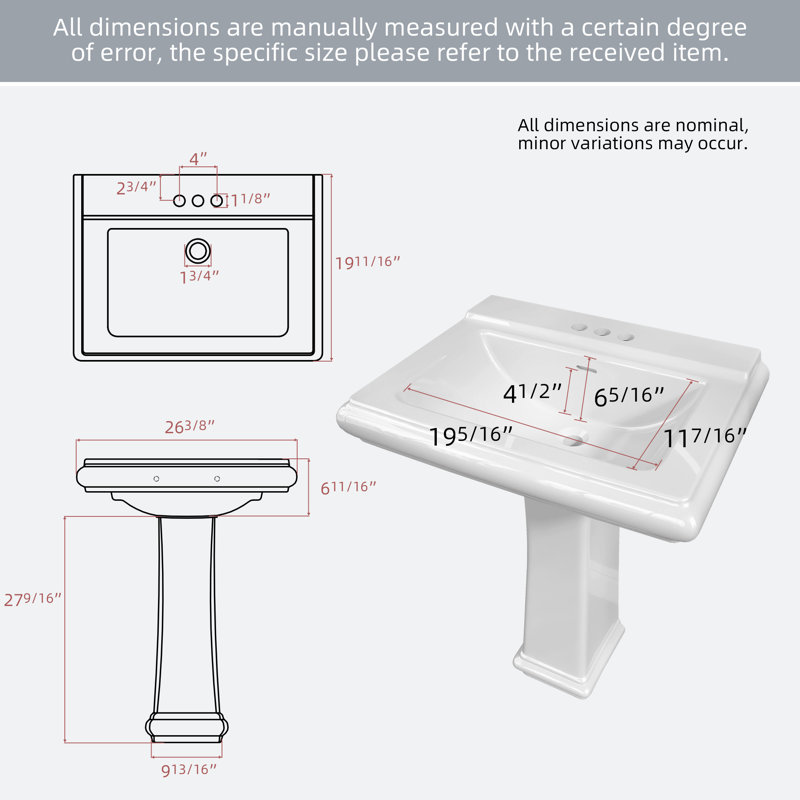 Lavabo sur pied rectangulaire en porcelaine vitreuse avec trop-plein 26 po Ogonbrick