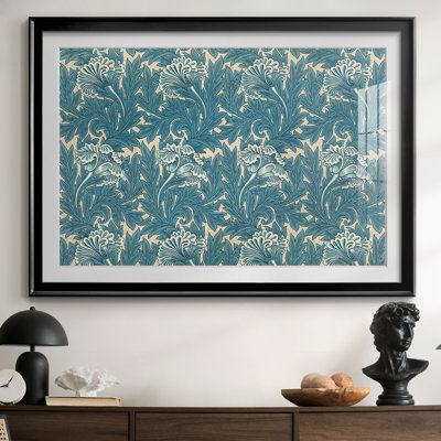 Design floral floral / papier peint (bleu sarcelle / monochrome) - William Morris - reproduction encadrée avec passe-partout et verre - c. Fin du 19e siècle