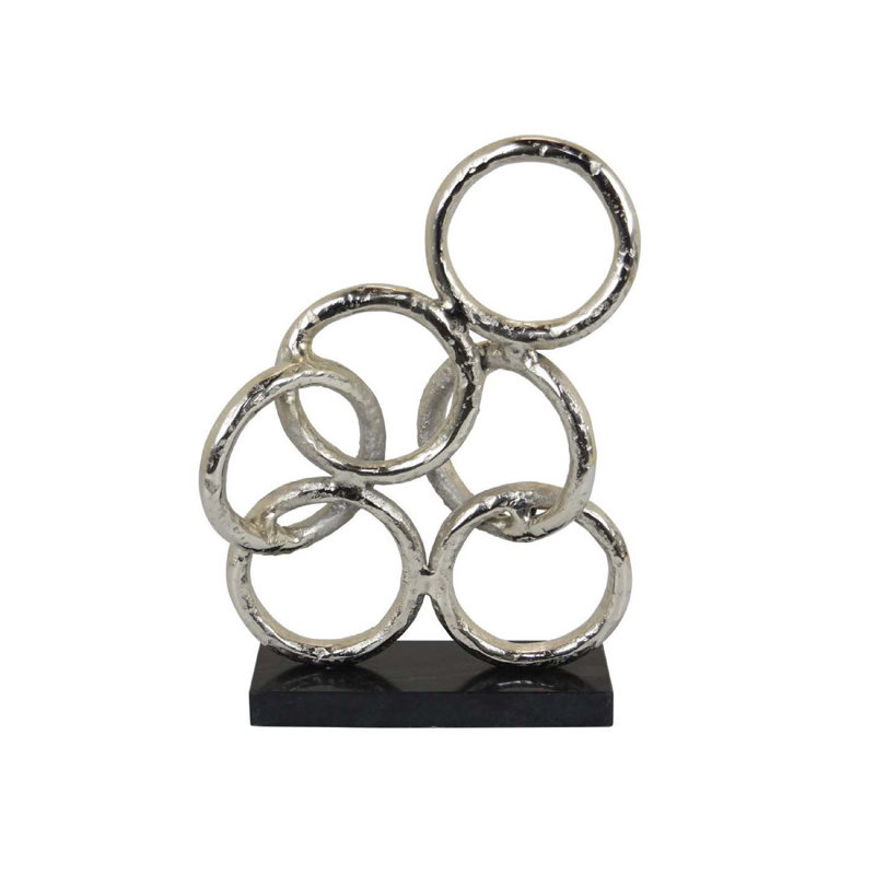 Abstract Interlinked Ring Sculpture W Black Base, 15 Inch Silver Metal