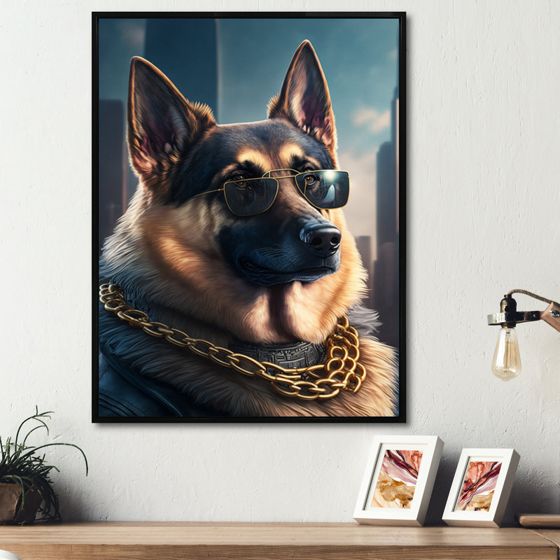 «German Shepherd Gangster in NYC I», impression sur toile, H 32 po x l 24 po x P 1 po, Toile avec cadre flottant noir