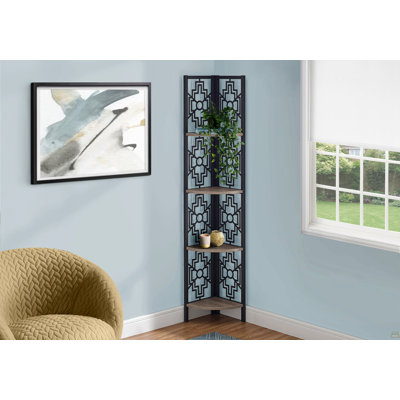 Bookshelf, Bookcase, Etagere, Corner, 4 Tier, 62"H, Office, Bedroom, Brown Laminate, Black Metal, Transitional