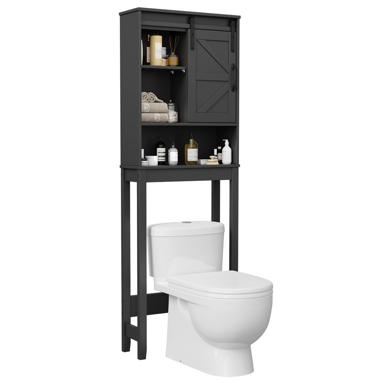  Freestanding Over The Toilet Storage Cabinet, Farmhouse Bathroom Storage With Adjustable Shelf & Barn Door, Black