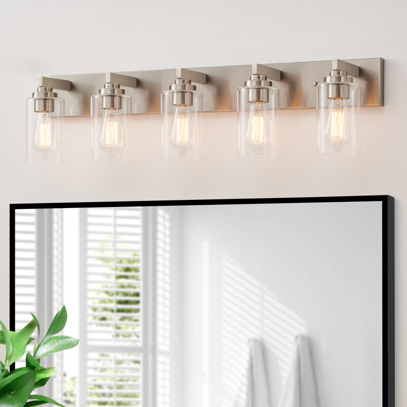 Éclairage de meuble-lavabo transitionnel à intensité variable, 5 lumières, Nickel brossé, 36,25 po de largeur