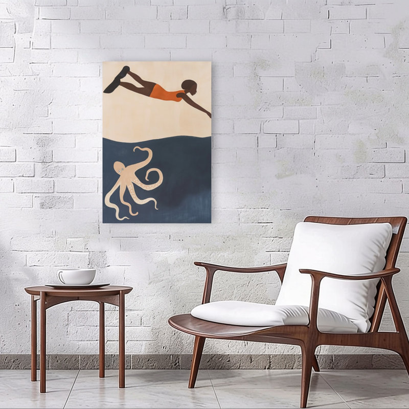 Swimmer Meets Octopus Minimalist Octopus Wall Art Print 1 Piece Wrapped Canvas Wall Art, 91.44cm H x 60.96cm W