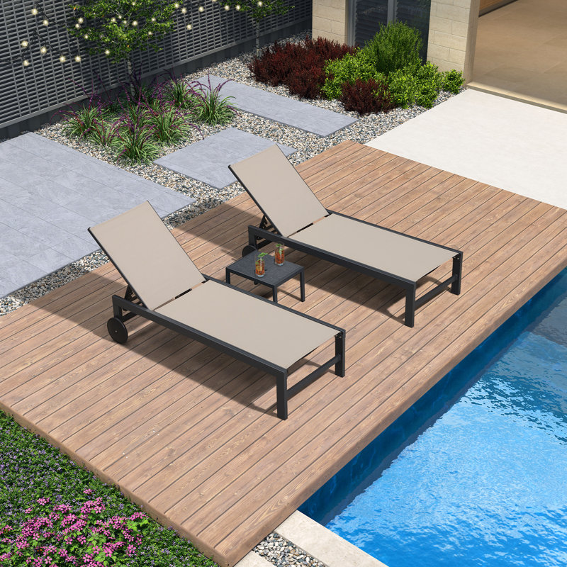  Outdoor Rust-Resistant Metal Chaise Lounge with Table (Set of 4), Beige