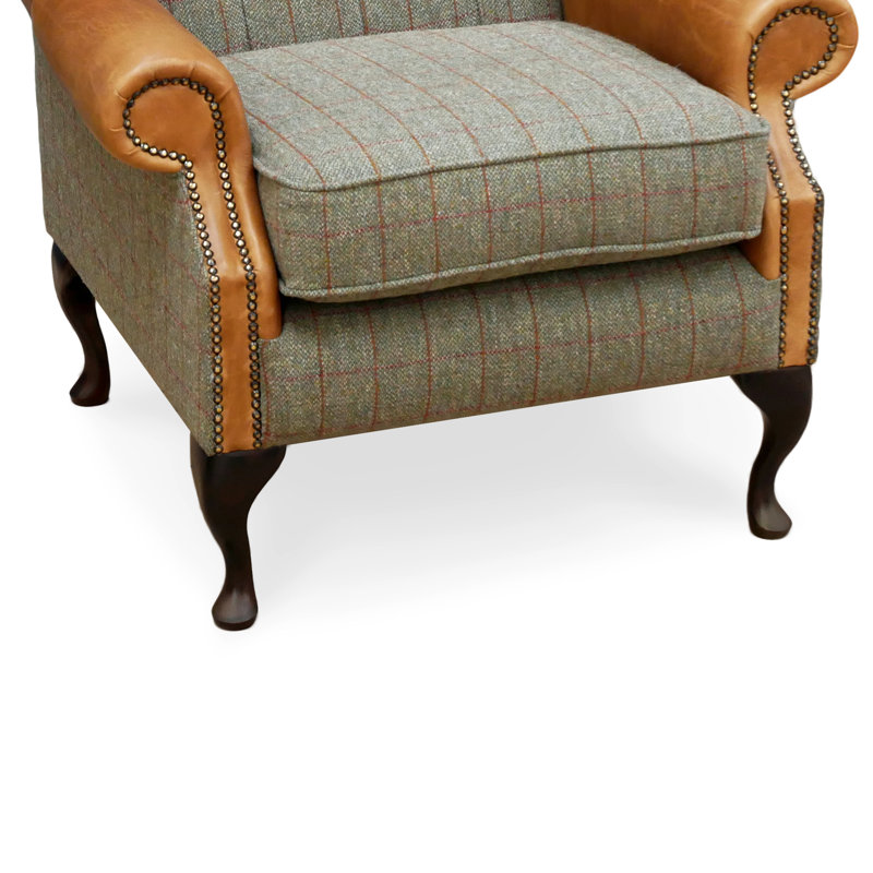 Harrisonville Upholstered Wingback Chair with Footstool, Green/Brown