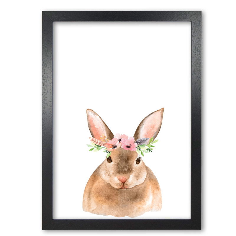 Forest Friends, Floral Cute Bunny - Painting, 85 cm H x 60 cm W x 5 cm D, Black Grain Frame