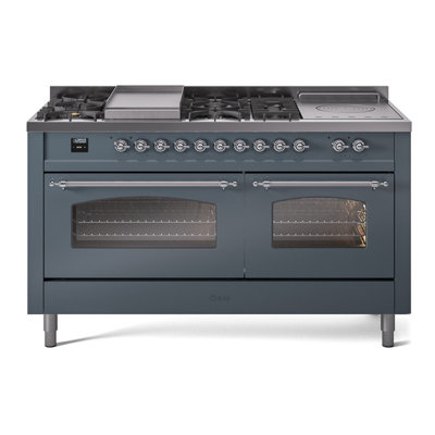 Cuisinière ILVE Nostalgie II Série 60 po à double combustible avec 7 brûleurs scellés, plaque de cuisson, table française (propane liquide, porte vitrée)