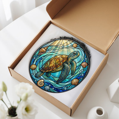 Sea Turtle Stained Glass Window Panel，12"H