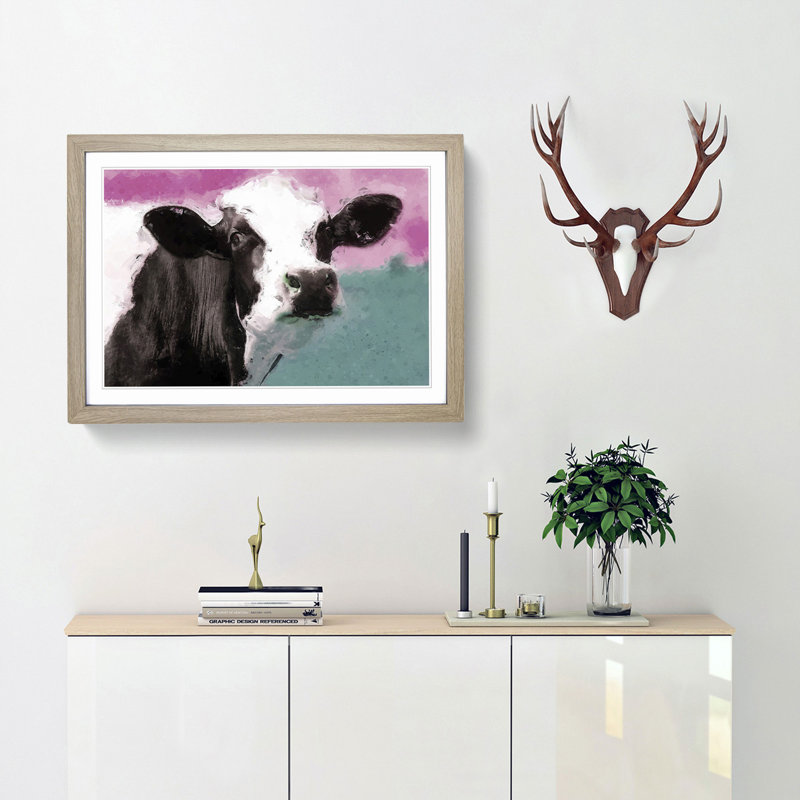 Cow in the Meadow in Abstract - Picture Frame Painting Print, Oak Framed, 48cm H x 65cm W x 2cm D