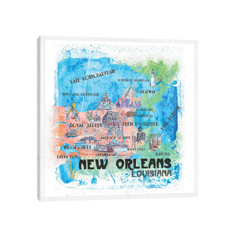 New Orleans Louisiana USA Illustrated Map 1 Piece Painting on Canvas, 93.98cm H x 93.98cm W x 3.81cm D, White Floater Framed