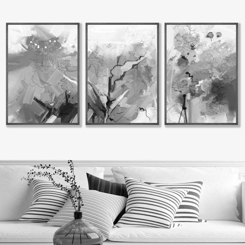 Lunar Reflections - 3 Piece Single Picture Frame Painting Set, 43cm H x 33cm W , Grey Framed