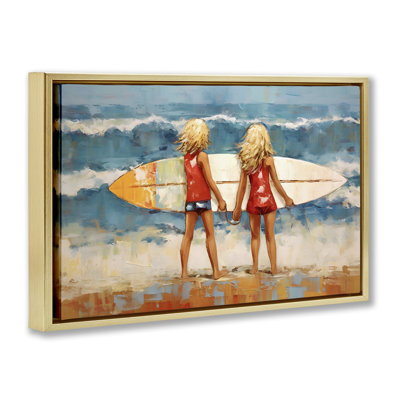 Frères et sœurs avec planche de surf brune encadrée, toile flottante par Petal Prints Design