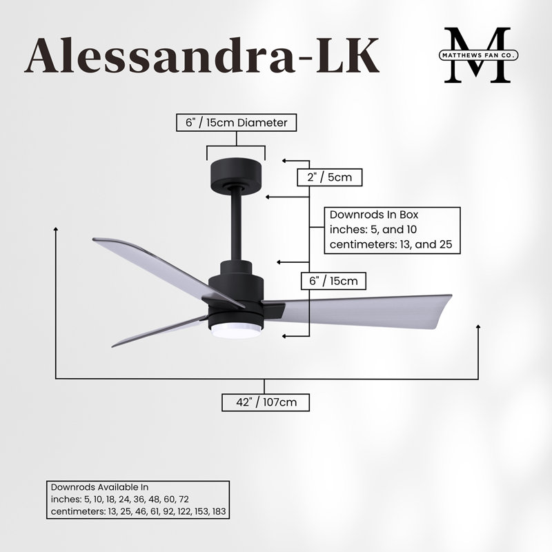 Alessandra - Three Blade Transitional Ceiling Fan -LED, Matte Black, 42", Brushed Nickel