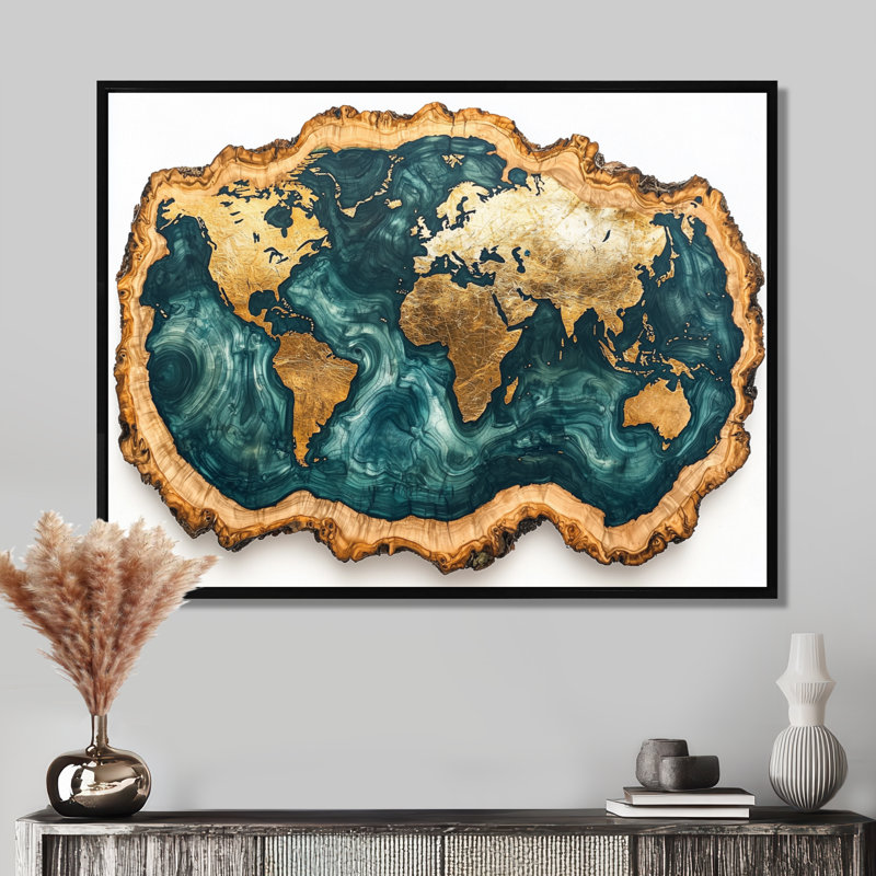 Schutte Emerald Crystals World Map Wood Slide II - carte du monde, art mural, H 30 po x l 40 po, Floater Framed