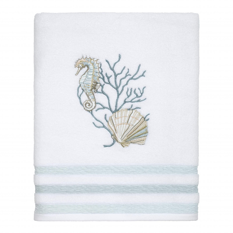 White Cotton Coastal Embroidered Bath Towel with Seahorse Design