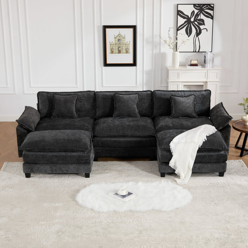 Canapé modulaire en forme de U Grid, canapé surdimensionné avec repose-pieds, Chenille noir, H 33 po x l 117 po x P 30 po