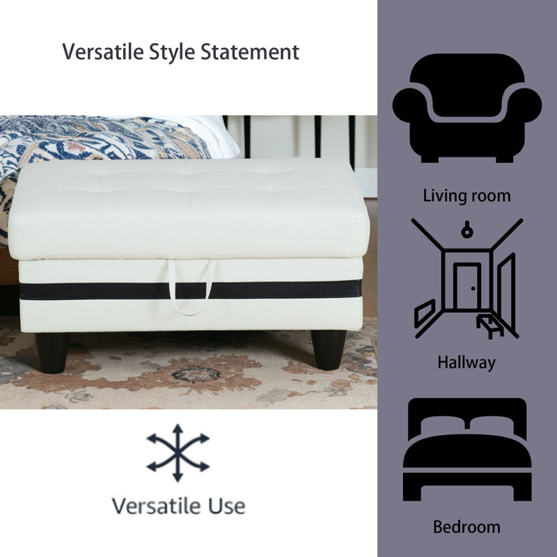 Faux Leather Ottoman, Black/White Faux Leather