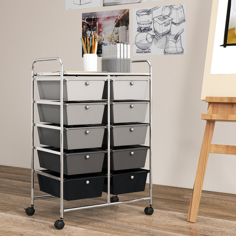 Milin 10 Drawer Storage Drawer with Locking Wheels, Black/Gray
