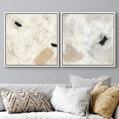 Minimal Modern Neutral Abstract Line Composition Framed Master Bedroom Wall Art Work 2 Pieces Print