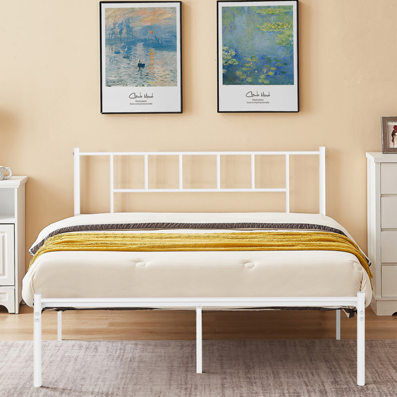 Queen Size Bed Frame, Metal Bed Frame with Headboard, Iron-Art Platform Bed No Box Spring Needed/Mattress, Queen, White