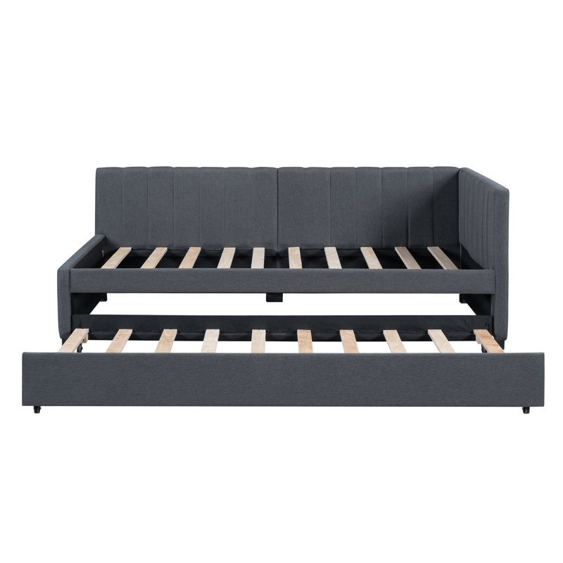 Lit de jour rembourré en lin avec couchette, lit gigogne confortable en tissu, structure, aucun sommier requis, Gris