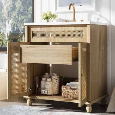 Bathroom Vanity: Handwoven Rattan Doors, Solid Wood Legs & Resin Basin