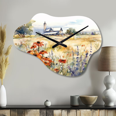 Vert, blanc, pré à la ferme II - nuage floral en métal horloge murale, impression d'horloge murale asymétrique