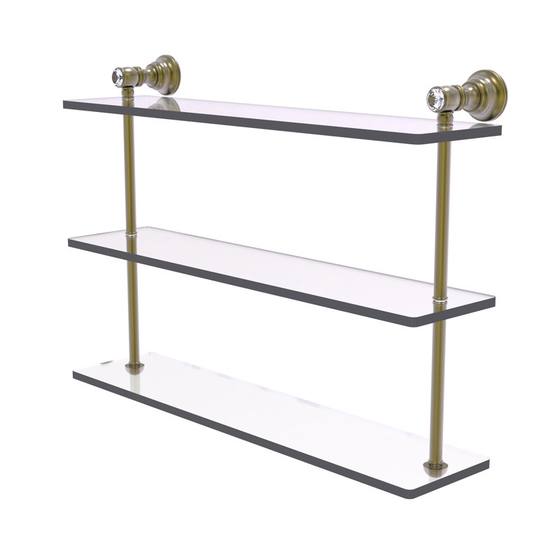 Freyja 3 Piece Glass Tiered Shelf with Towel Bar, 16" H x 22" W x 5.54" D, Antique Brass