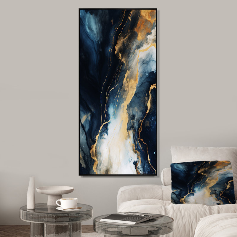 Or et bleu, peinture abstraite sur marbre II - décoration murale en marbre, Cadre flottant noir, H 60 po x l 28 po x P 1,5 po
